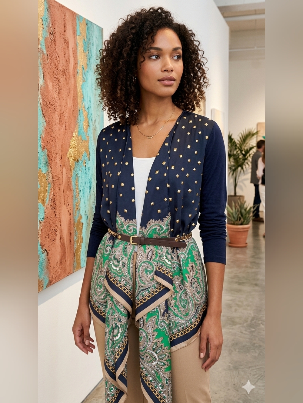 Michael Kors Navy & Green Paisley Open-Front Cardigan with Belt
